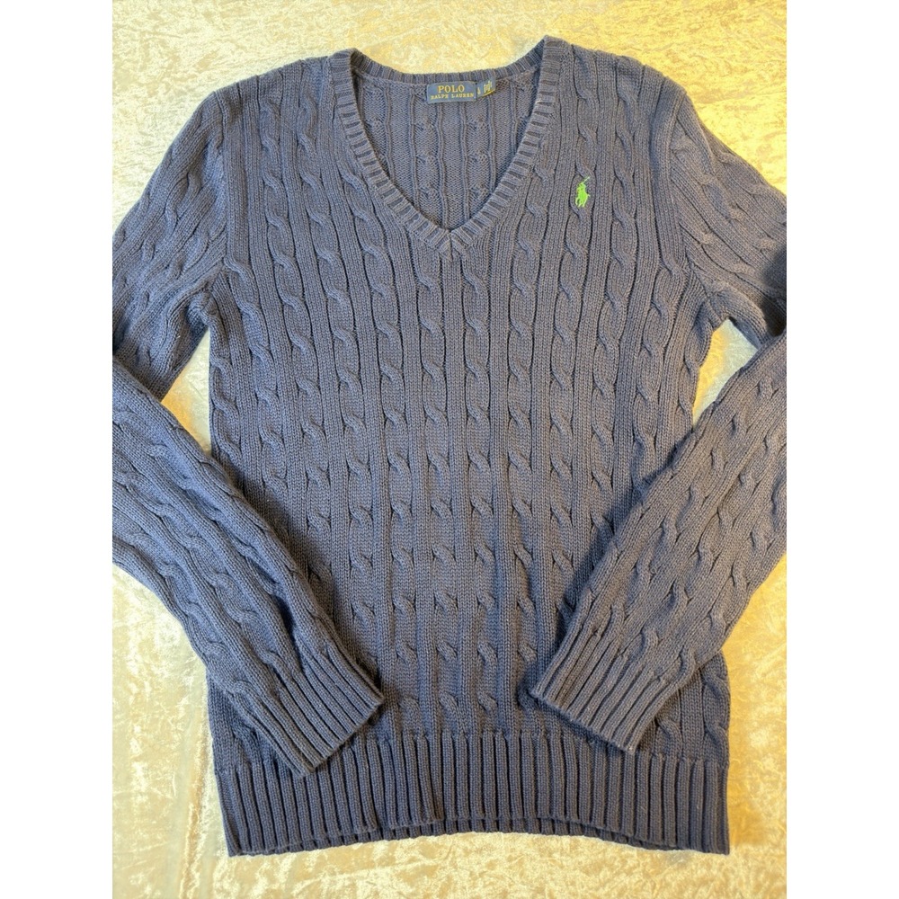 Polo Ralph Lauren Womens L Cable Knit Sweater Navy Blue V Neck Cotton Pony